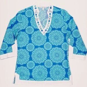 Luciano Dante Floral Rhinestone Beachy Resort Wear Tropical Tunic Size Small